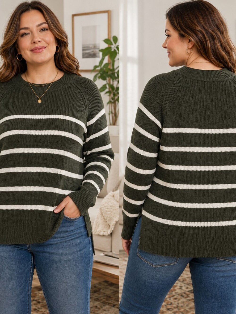Old Navy Olive Green & Ivory Striped Textured Knit Sweater Women's Large Cozy Ca